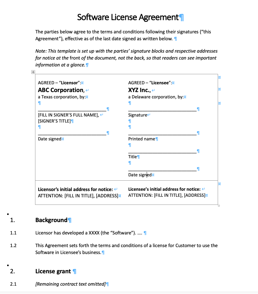 A screen shot of the first page of a contract with the signature blocks and certain key information just after the top of the document